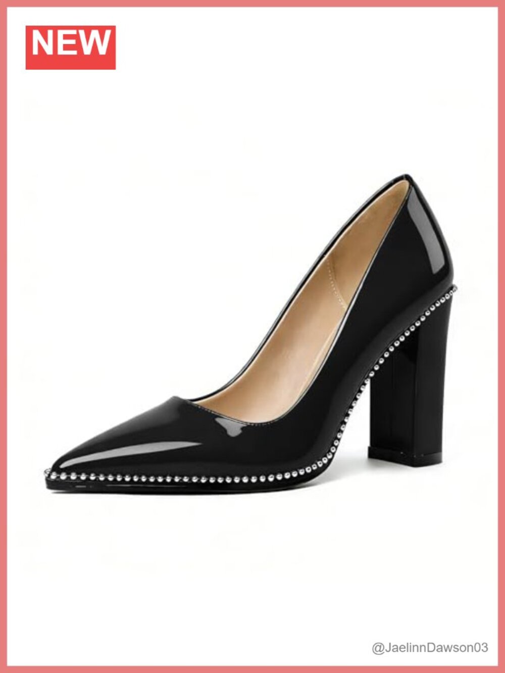 Patent Faux Leather Pointed Toe Block Heel Pumps with Bead Trim